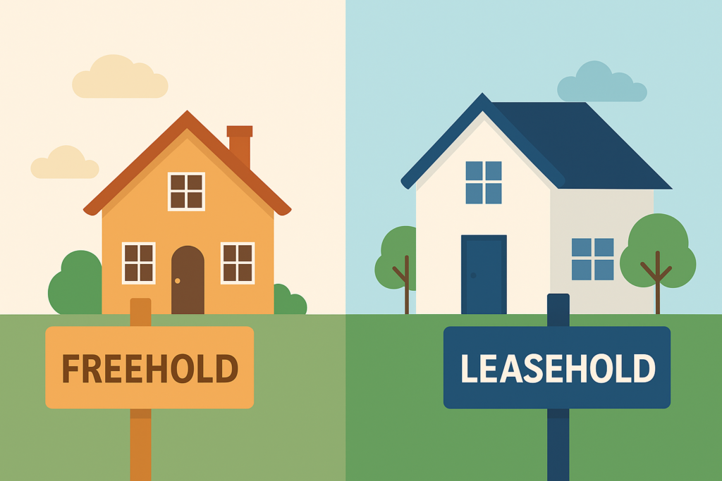Illustration comparing Freehold and Leasehold Properties, showing two separate houses labeled accordingly to highlight ownership differences.