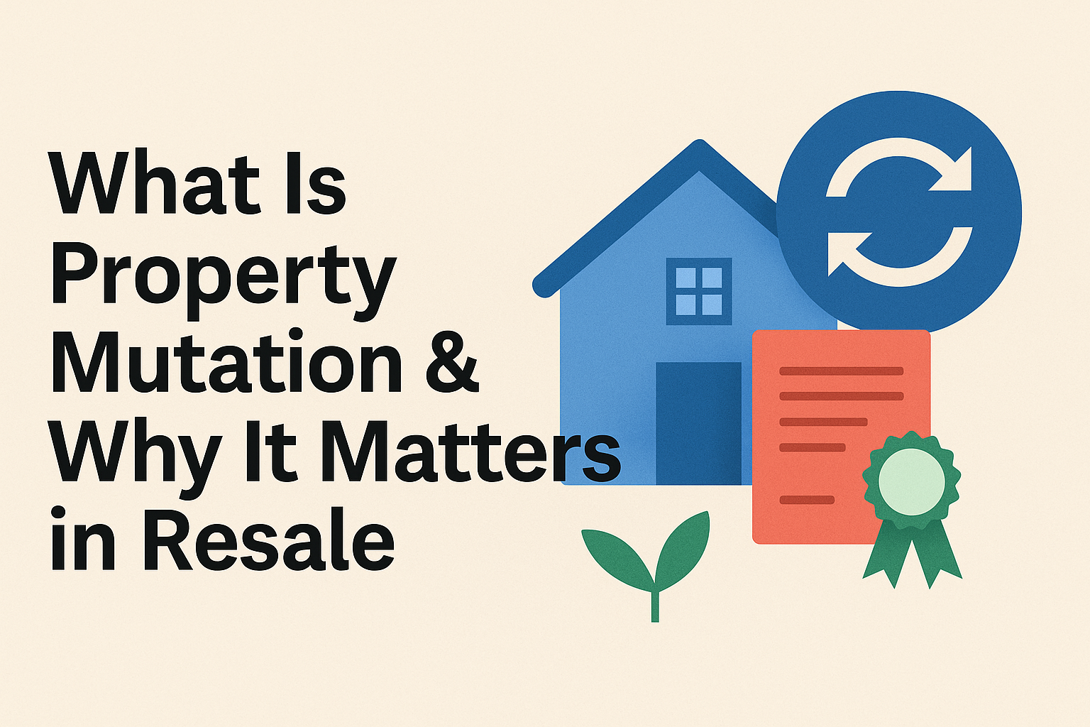Visual concept of property mutation and its importance in resale transactions with house, certificate, and update arrows
