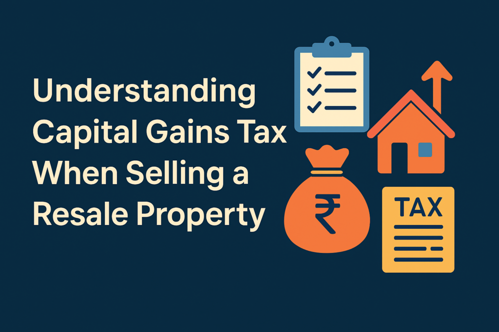 Image representing Capital Gains Tax on property resale, including financial documents, calculator, and house model indicating tax calculation.